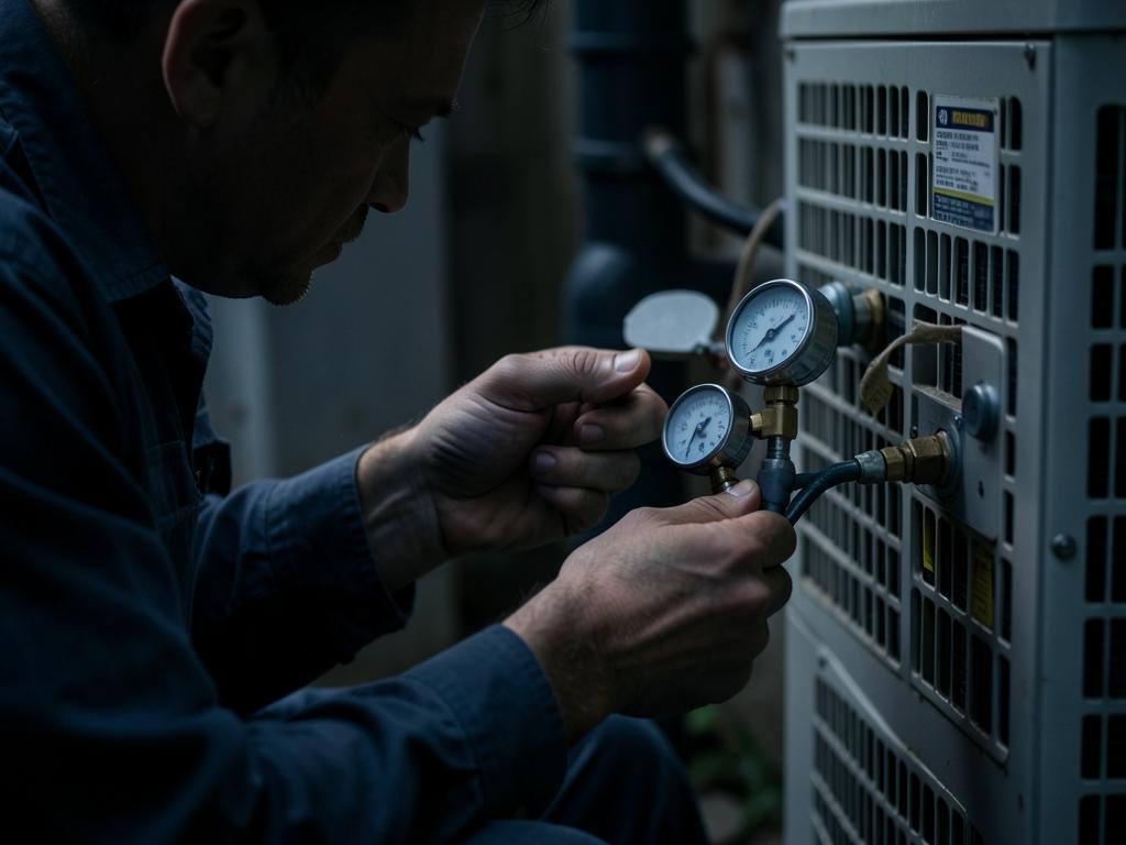 HVAC technician checking refrigerant pressure with manifold gauges on an outdoor AC unit