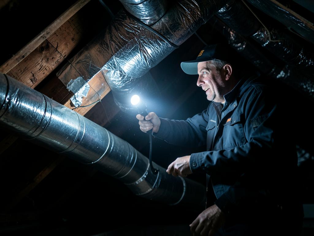 Technician inspecting insulated ductwork in an attic with a flashlight