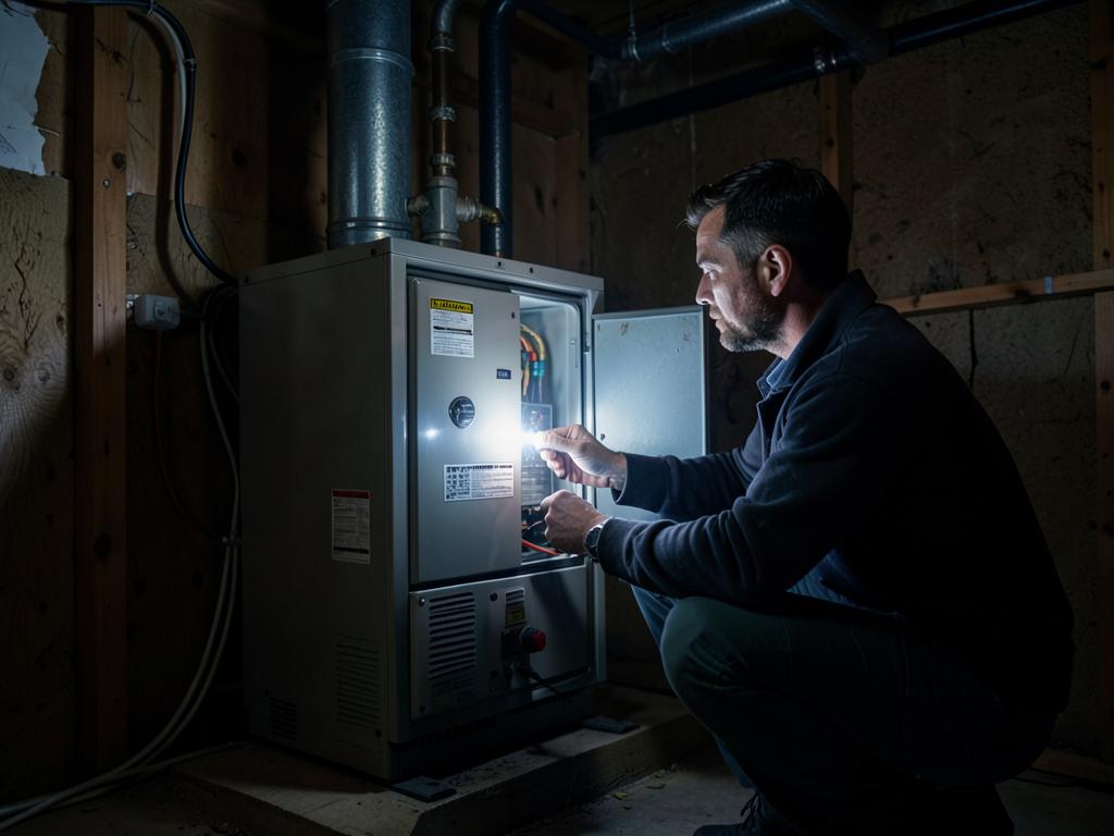 Technician servicing a residential gas furnace in a basement utility room