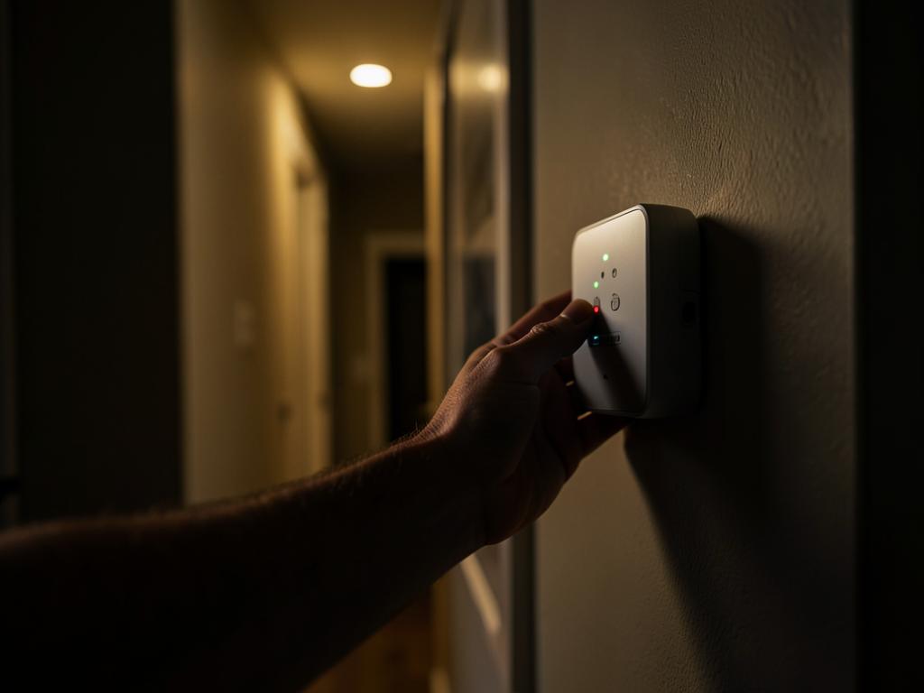 Homeowner adjusting a modern wall thermostat in a hallway